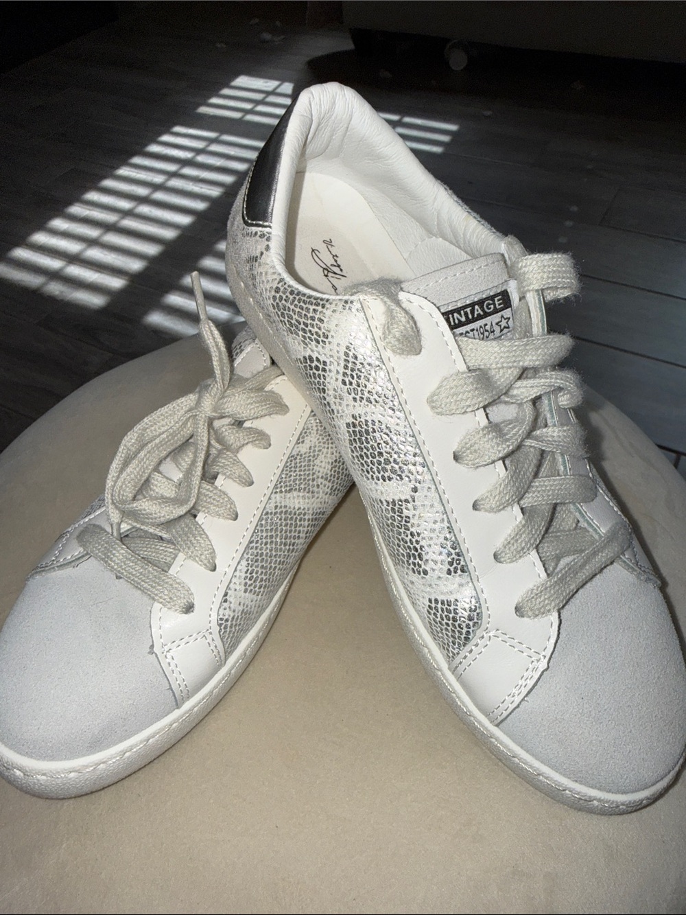 Vintage Havana White Sneakers with Silver Snake-Print Panels